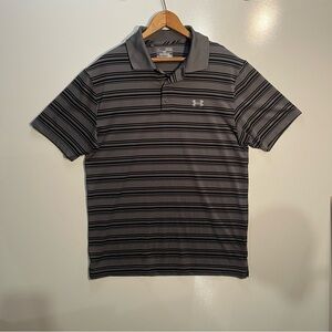 Under Armour Golf Polo Heatgear Shirt Mens Size M Gray Black Stripe Short Sleeve